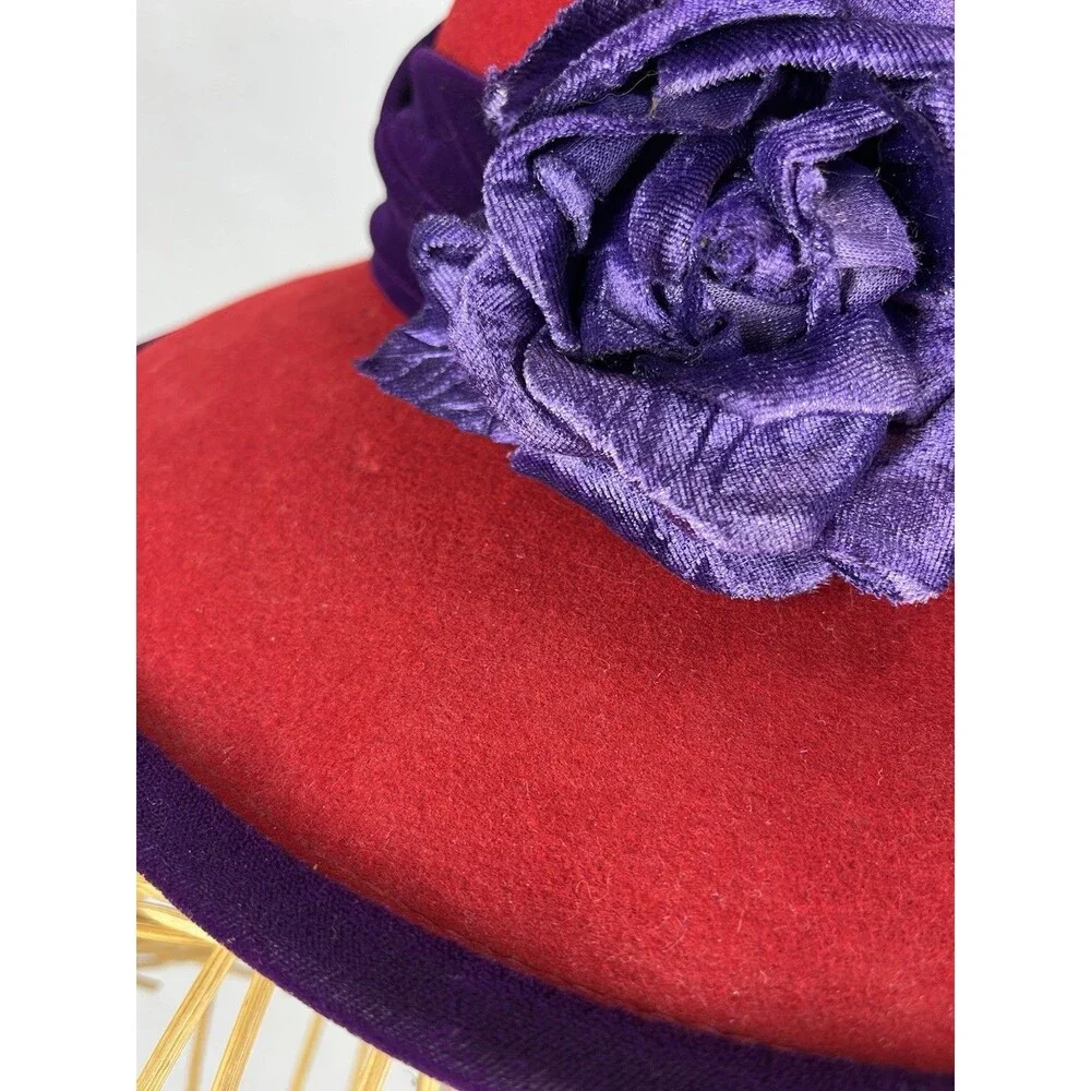 Scala Vintage Red Wool Wide Brim Hat Purple Trim Flower Church Derby Tea